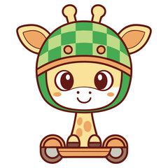 Cartoon Giraffe in Green Hat Riding Scooter, Big Eyes, Smiling Face, and Isolated