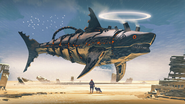 Fototapeta A man and his wolf walk across a desert wasteland toward a massive flying mechanical shark ship surrounded by ruins and sand, digital art style, illustration painting