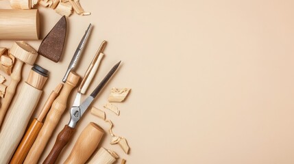Fototapeta premium Woodworking Tools and Wood Shavings on Beige Background