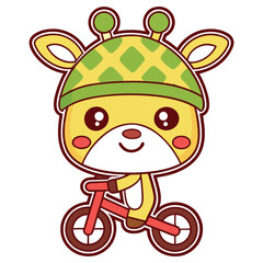 Cartoon Giraffe Character with Green Hat Riding Red Bicycle on White Background