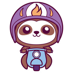 Cartoon Sloth Riding Scooter Wearing Purple Helmet on Transparent Background