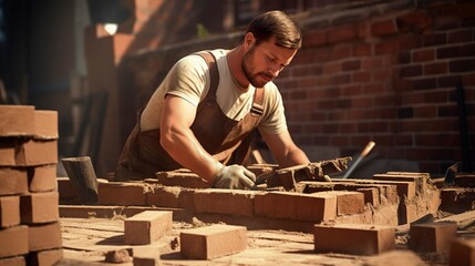 A photo of a bricklayer building a patio or walkway.