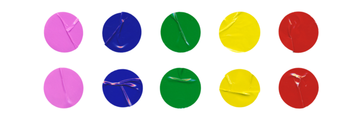 Big set of colorful glossy paper circles with creases, isolated blank round sticker on transparent background