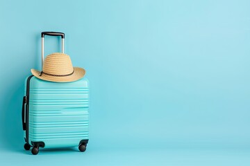 Obraz premium A bright blue travel bag with a handle and a matching straw hat, isolated on a solid blue background