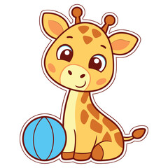 Cartoon Giraffe with Blue Ball Illustration, Transparent Background Design