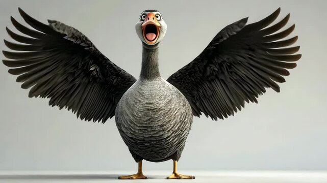Cartoon goose flapping wings and screaming in a colorful animated setting with charming details