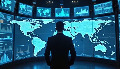 Man stands global operations control room. Monitors displays world map. Data analysis, high tech surveillance center, security systems, management. Global network, intelligence, communication, cyber