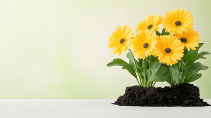 Fototapeta premium Vibrant yellow flowers blooming in rich soil against a soft green background