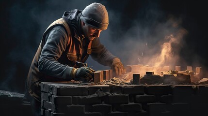 A photo of a bricklayer constructing a fireplace.