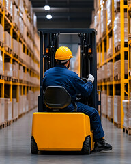 Warehouse worker operating a forklift between high storage racking