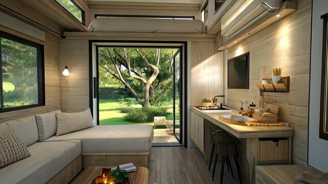 Cozy Modern Tiny House Interior with Natural Light and Greenery View