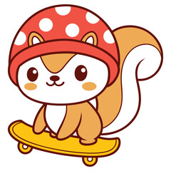 Cartoon Squirrel with Red Polka Dot Hat Riding Skateboard on Transparent Background