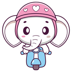 Cute White Elephant Wearing Pink Helmet Riding Blue Scooter on Transparent