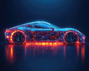 Futuristic car illuminated with glowing circuitry against a dark backdrop