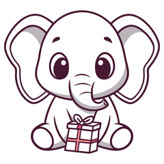 Cartoon Baby Elephant With Present Box, Cute Animal Character on Transparent Background