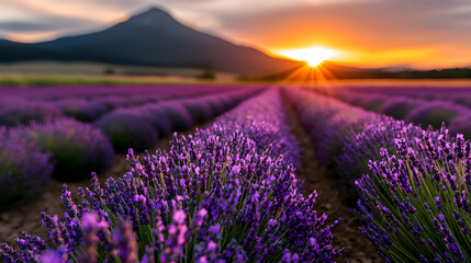 Obraz premium Vibrant Purple Lavender Field at Sunset with Mountain Background