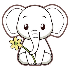 Adorable Cartoon Elephant Sitting Holding Yellow Flower on Transparent Background