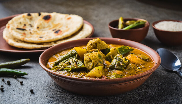 Spicy Indian curry with bhindi mixed vegetables and roti. Delicious food. Tasty dish. Cooking