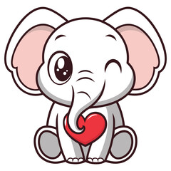 Adorable Winking White Elephant with Heart on Transparent Background