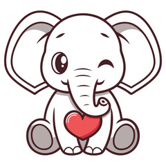 Cartoon Elephant Winking Eye Holding Red Heart Isolated on Transparent Background