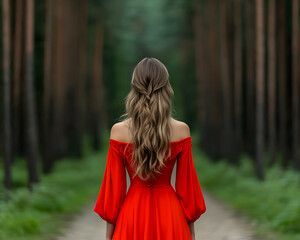 Woman in red dress walking away in forest