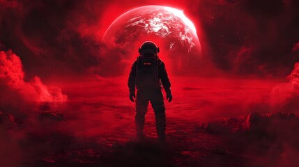 Obraz premium Astronaut's Red Planet: A lone astronaut stands silhouetted against an ominous red planet in a vivid, dramatic space scene, evoking feelings of exploration, mystery, and solitude.