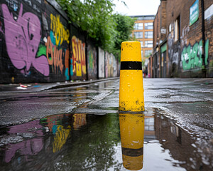Yellow bollard reflecting in a puddle on a graffiti-covered alleyway