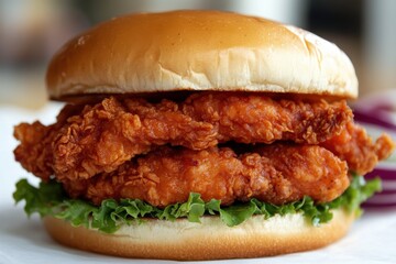 Crispy fried chicken sandwich layered with fresh lettuce and served on a soft bun during a sunny afternoon at a local eatery