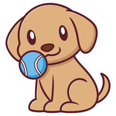 Cute Puppy Dog Holding Blue Ball Cartoon Character with White Background