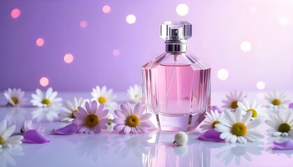 A studio shot of a perfume bottle with a faceted glass design, placed on a reflective surface amidst a scattering of white and purple daisy flowers