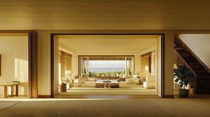 Elegant Modern Interior of a Spacious Open Concept Living Room with Abundant Natural Light and Scenic Views