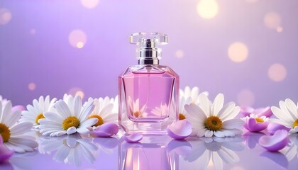 A studio shot of a perfume bottle with a faceted glass design, placed on a reflective surface amidst a scattering of white and purple daisy flowers