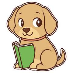 Cute Cartoon Puppy Sitting with Green Book, White Background, Adorable Animal Design