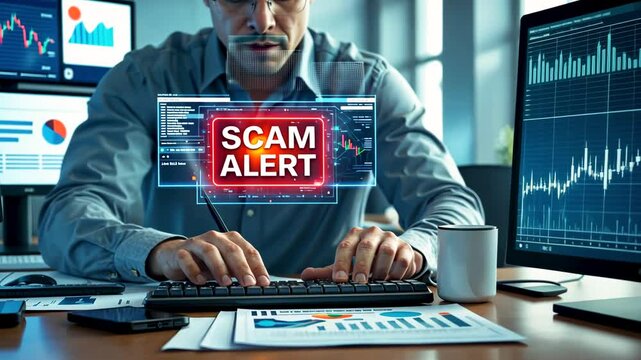 Man at desk with scam alert warning and stock market data on screens