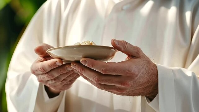 A priest blessing communion wafers during a sacred ceremony