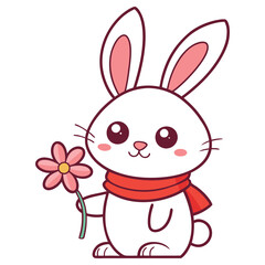 Cute Cartoon White Rabbit With Scarf Holding Flower, Transparent Background