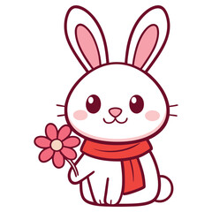 Charming White Rabbit with Flower and Scarf Cute Cartoon Design on Transparent