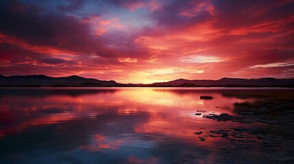 Naklejka premium A photo of a colorful sunset over a calm lake.