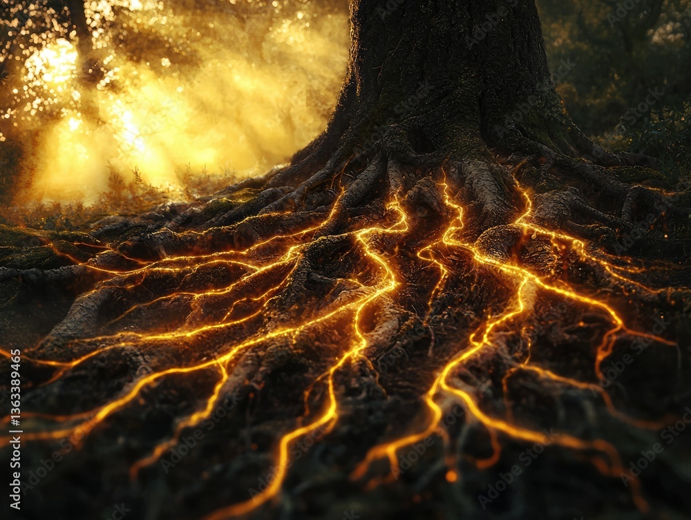 Aufkleber glowing roots of an ancient tree, illuminated by magical light, creating a mystical forest scene.