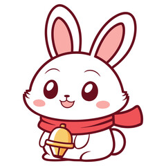 Cute White Cartoon Rabbit with Red Scarf Holding a Golden Bell on White