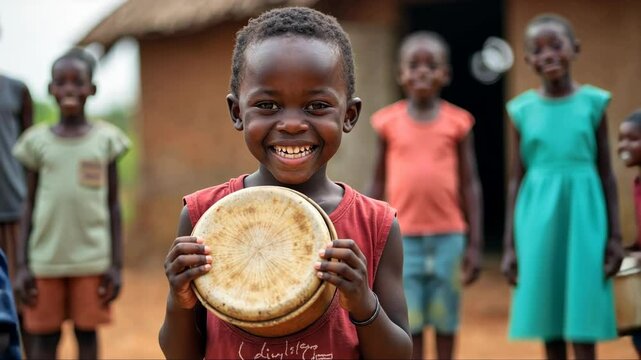 Young African boy is holding a drum in his hands and smiling. He is surrounded by other children, some of whom are also smiling