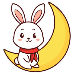 Charming Cartoon White Bunny with Red Scarf Sitting on Yellow Crescent Moon