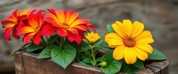 Obraz premium Vibrant tulips bursting from a rustic wooden planter, garden, flora