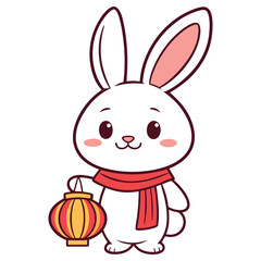 Cute Cartoon Rabbit with Red Scarf Holding Yellow Lantern on Transparent Background