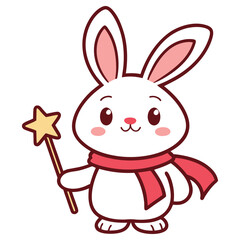 Cartoon Bunny Rabbit with a Magic Wand and Red Scarf on White Background