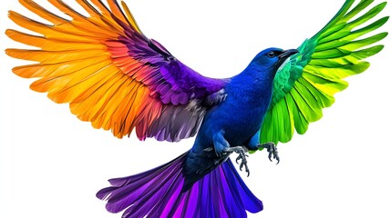 Obraz premium Colorful Rainbow Bird With Vibrant Feathers Spreading Wings Against White Background