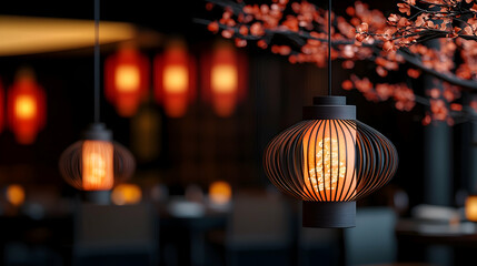 Warm Glowing Lanterns in Dark Asian Restaurant Interior