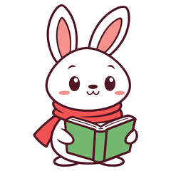 Adorable White Cartoon Rabbit with Red Scarf Reads Book on White Background