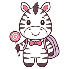 Cartoon Zebra with Lollipop, Bowtie and Backpack on White Background, Cute Style