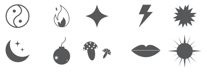 Set of Y2K bling retro elements and abstract brutalism shapes. Hipster graphic objects for logo, icon, web design. Modern vector illustration isolated on white background